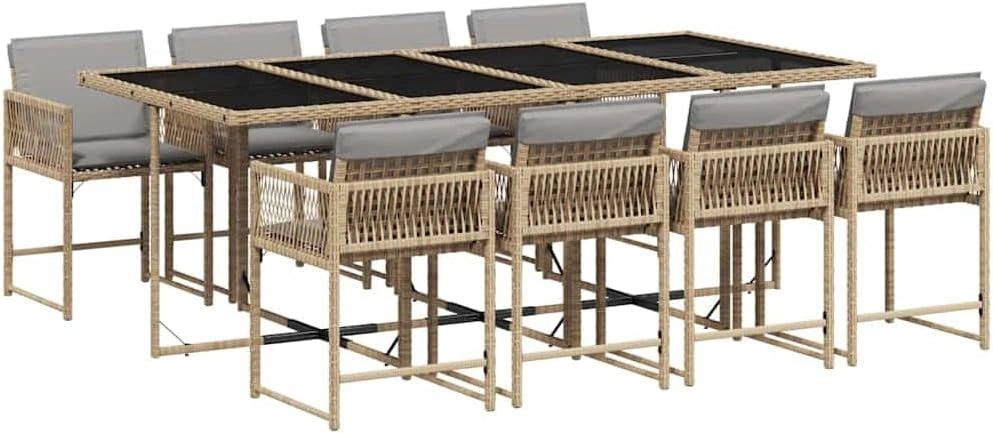 Ensemble à Manger de Jardin 9 Pièces Salon de Jardin 8 Personnes en Résine Tressée avec Table en Verre Trempé et 8 Chaises avec Coussins