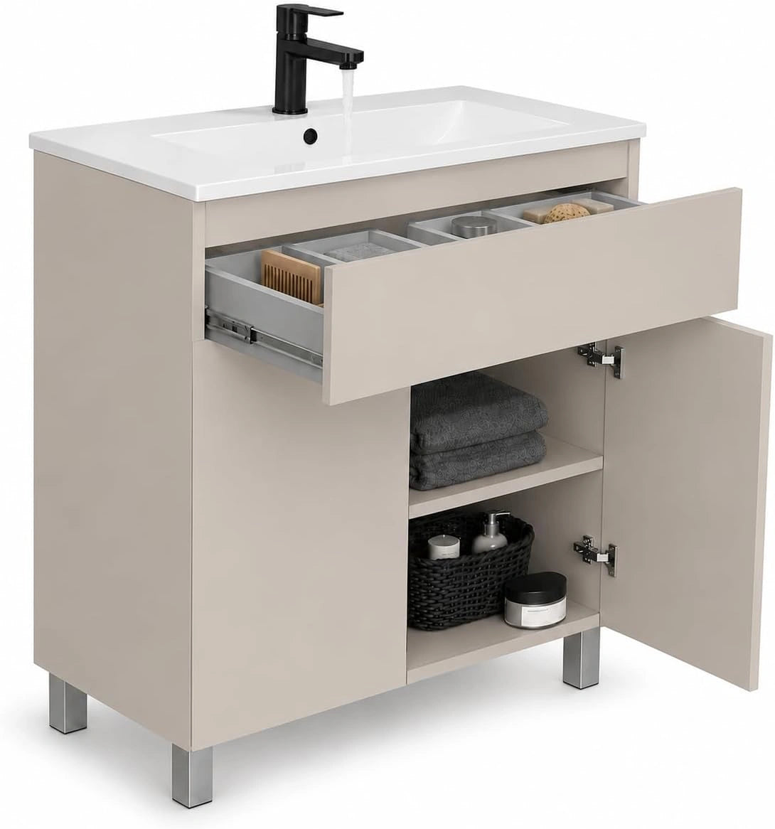Lavabo avec Meuble sous-Vasque, modèle Ariza, Beige Mat, 80 cm de Large, Suspendu ou sur Pied, Meuble sous-Vasque Couleur Cachemire