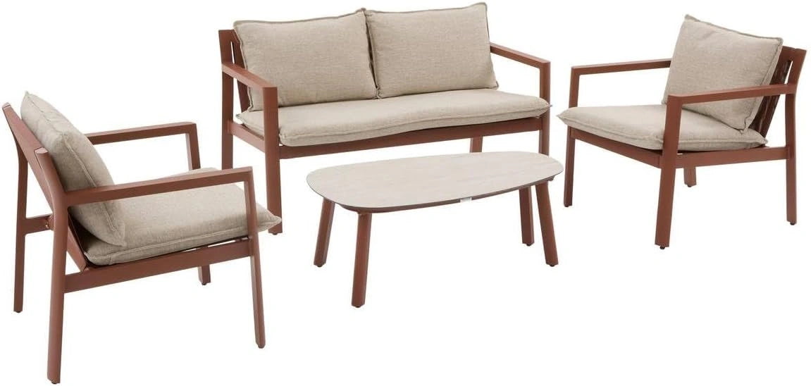 Hespéride - Salon de Jardin Bas Flovia 4 Personnes Terracotta - Fauteuils Empilables - Aluminium Anti-Rouille, Coussins Déperlants - pour Terrasse