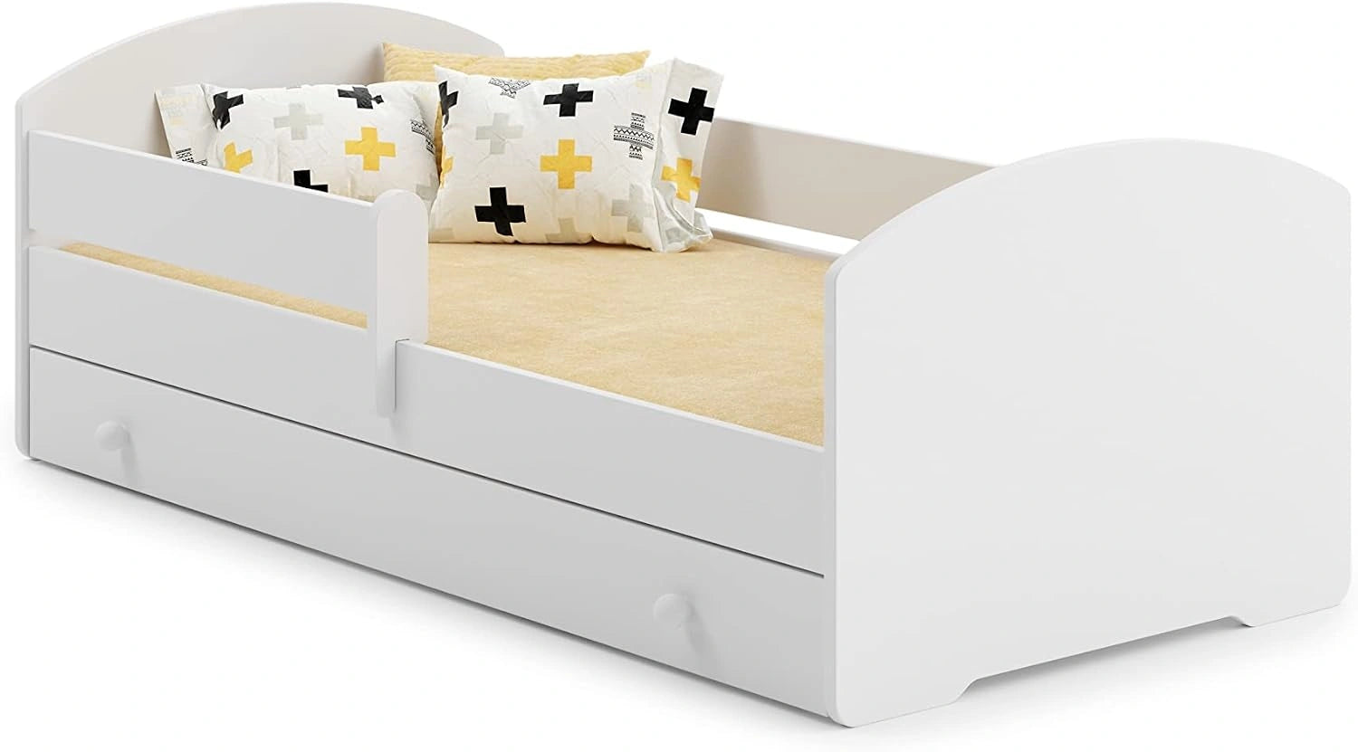 KOBI Lit Enfant LUK avec Matelas, Blanc, 140x70), (avec tiroir, pour Chambres d'enfants, pour Un garçon et Une Fille, Lit Bebe pour Enfants