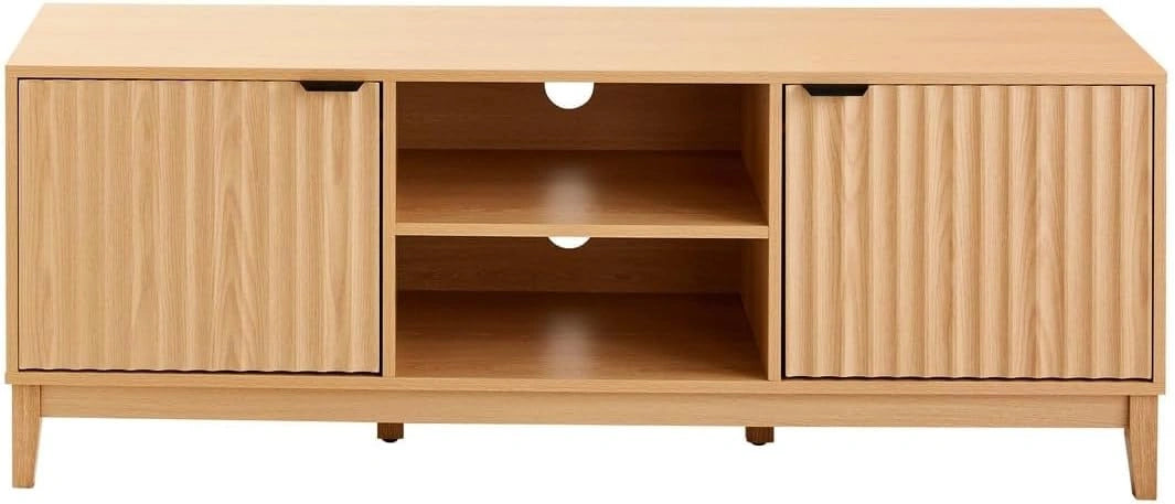 Calicosy, Meuble TV 2 Niches et 2 Portes avec Façades à Effet Vague, L140 x P40 x H52 cm, Panneaux de Particules, Design Organique, Meuble de Salon