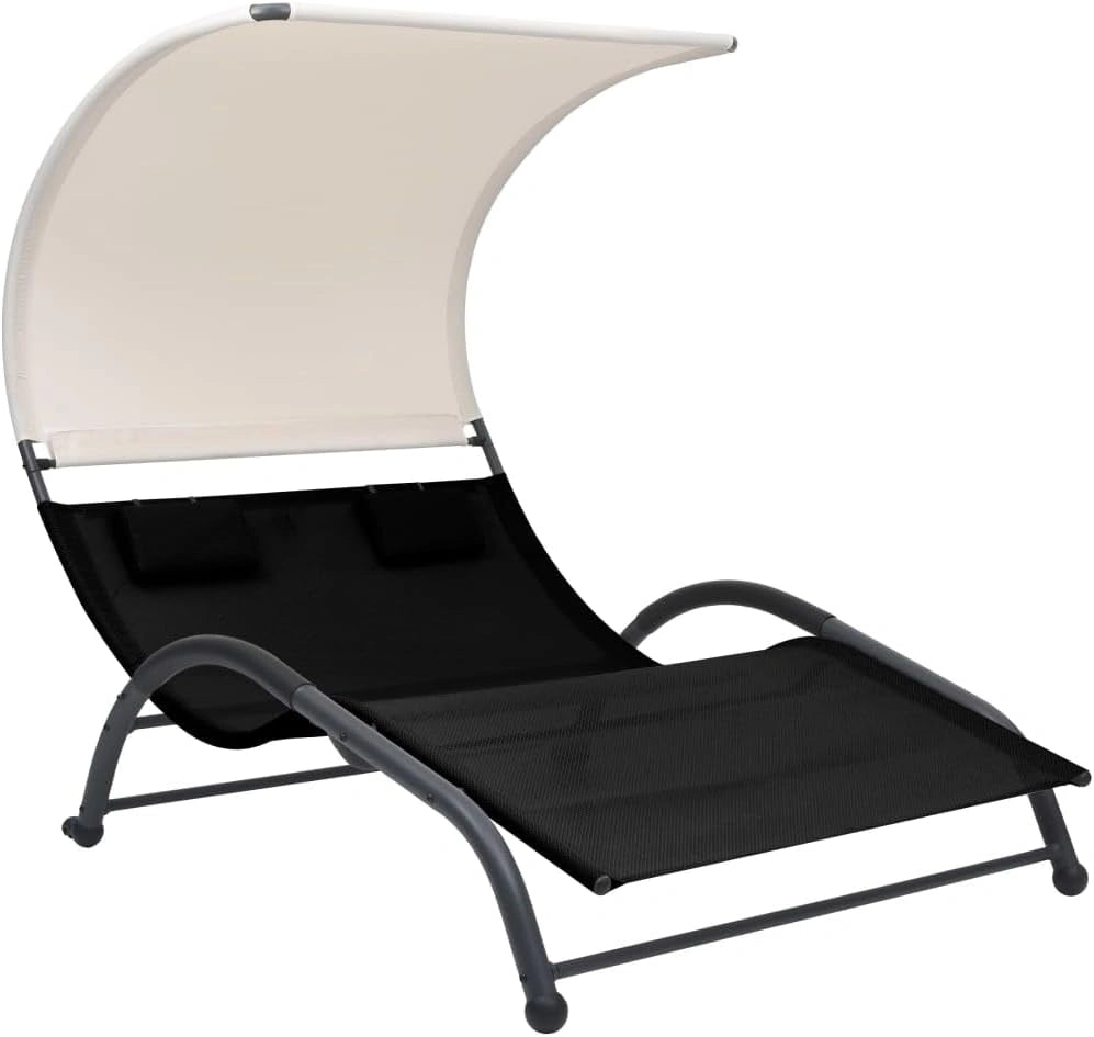 Tomostar Bain de Soleil, Chaise Longue Double Jardin Extérieur Transat pour Piscine avec auvent textilène Noir