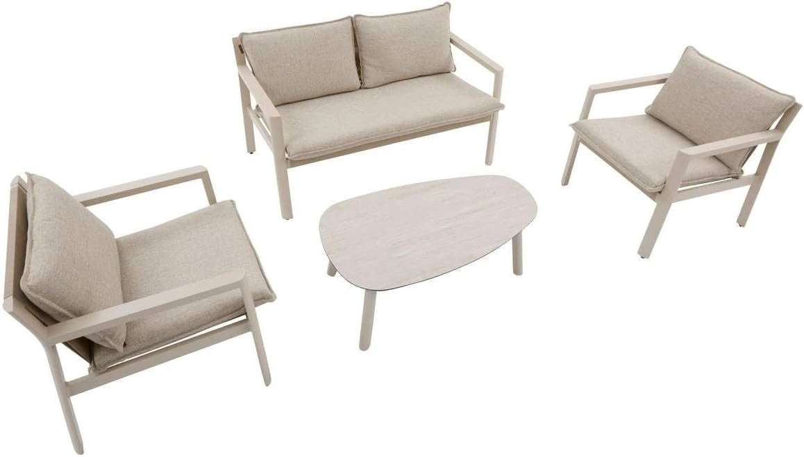 Hespéride - Salon de Jardin Bas Flovia 4 Personnes Argile - Fauteuils Empilables - Aluminium Anti-Rouille, Coussins Déperlants - pour Terrasse
