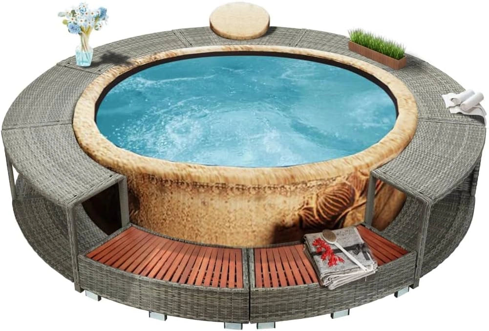 Bordure de Spa en Rotin, Matériau PE et Acier Enduit de Poudre, Robuste et Durable (Grise)