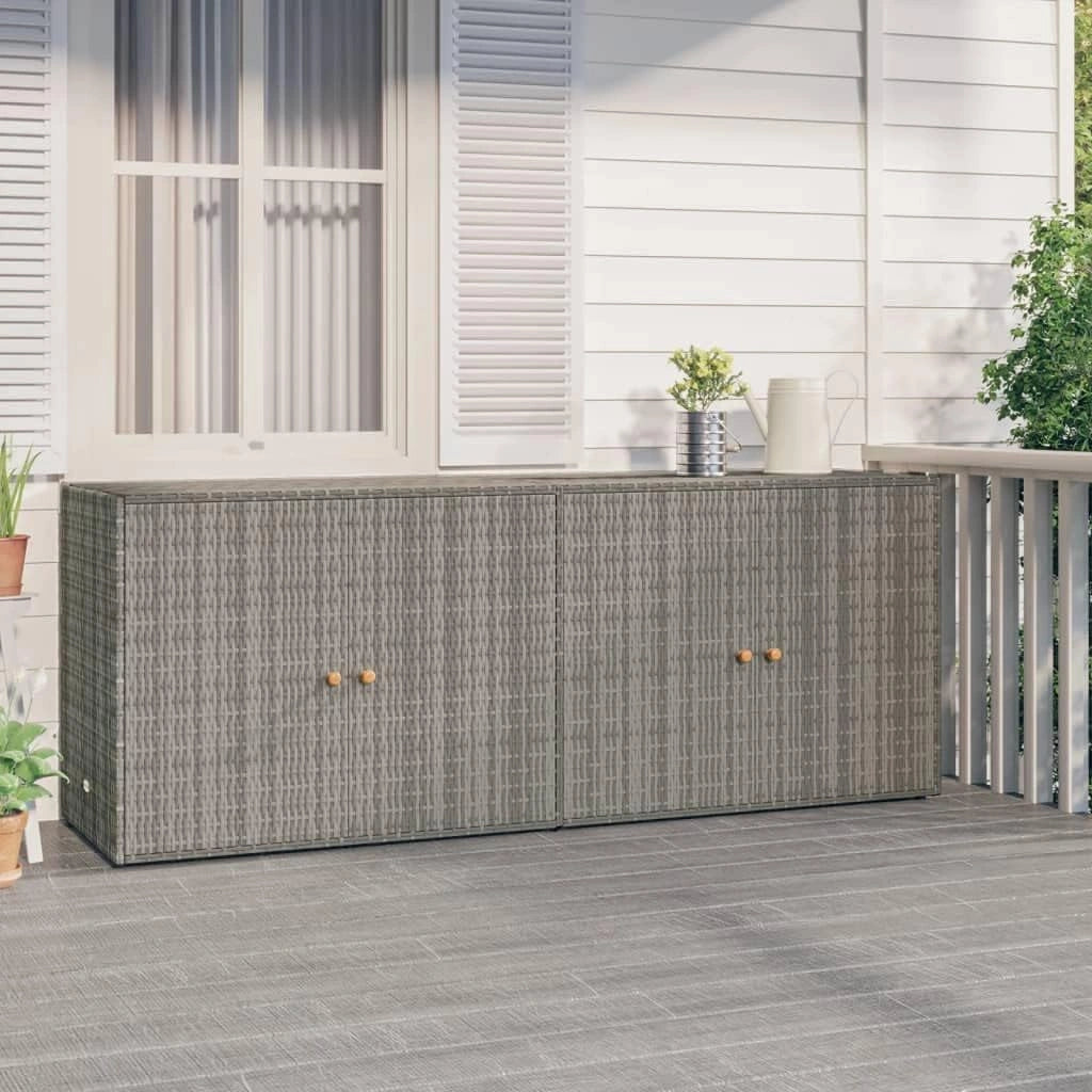 Armoire de jardin grise en polyrotin avec cadre en acier et poignées en bois d'acacia - 198 x 55,5 x 80 cm - Armoire polyvalente pour jardin, outils