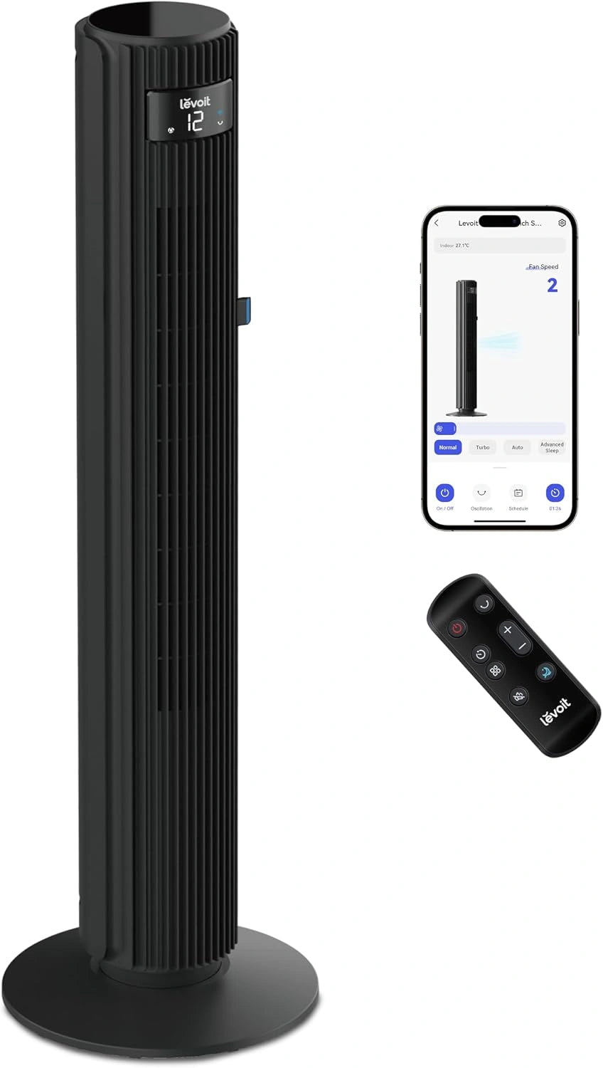 Levoit Ventilateur Colonne Wi-Fi 25 dB, 7,9 m/s CC, 12 Vitesses, LTF-F422-KEU, Oscillant à 90°, 108 cm pour Grande Pièce