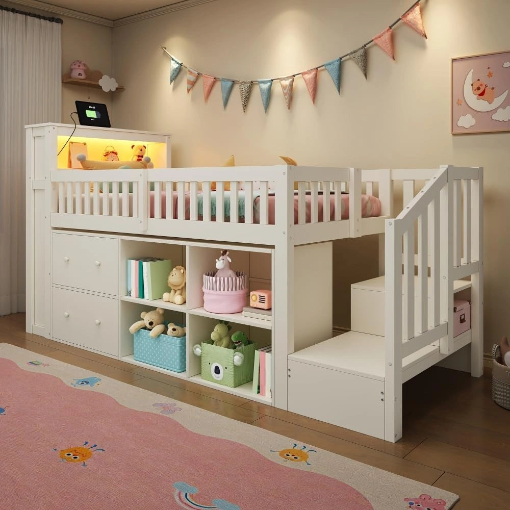 Sapgaks Lit Mezzanine 1 Place 90 x 200 cm, Finition Naturelle (Blanc), lit superposé Enfant avec tiroirs, lit Enfant avec Barriere, Meuble trapézoïdal