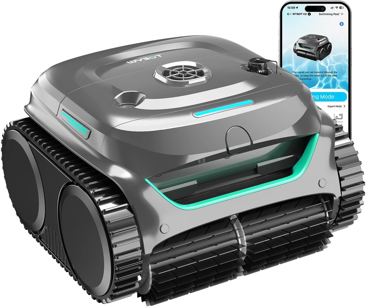 WYBOT C2 Robot Piscine sans Fil, application(Vert Gravier-Gris), 3 Moteurs, 180 Min, pour Piscines Enterrées 150㎡, Double Filtration