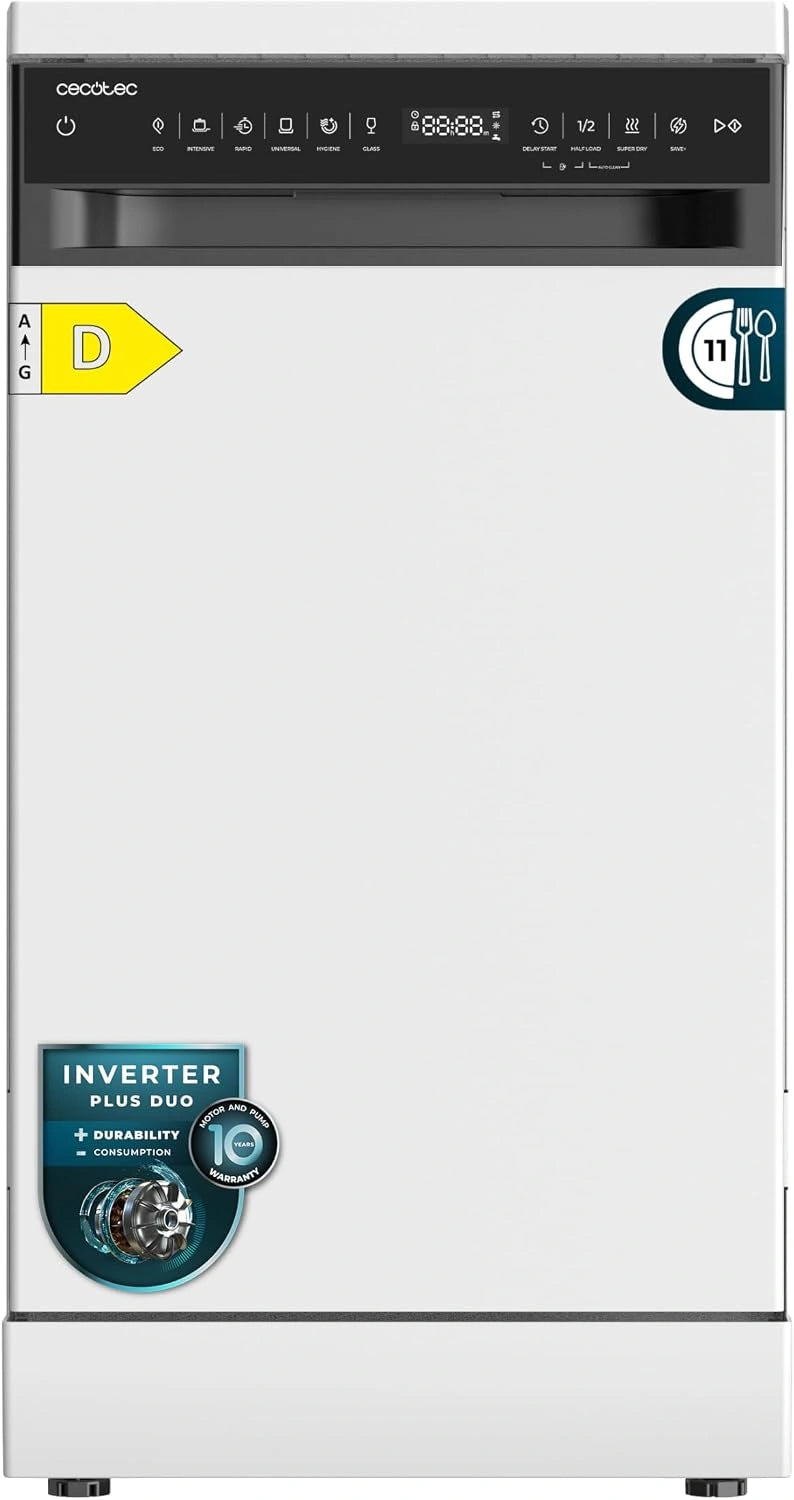 Cecotec Lave-vaisselle Pose Libre 45 cm Bolero Aguazero 4360. 11 Couverts, Classe D, Blanc, 9 Programmes, Moteur Inverter Plus Duo, Panneau Touch