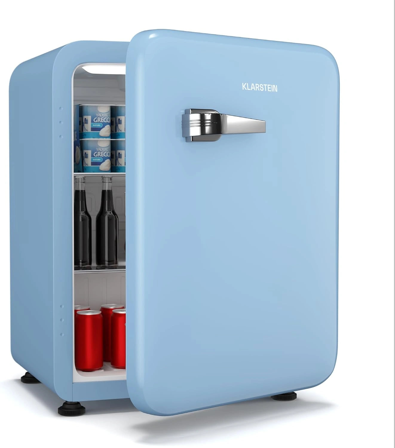 KLARSTEIN Audrey Evo 68 L Mini Frigo - Rétro, Bleu, Silencieux 40 dB, Thermostat Mécanique, Porte Réversible, Petit Frigo de Chambre, LED, Bureau