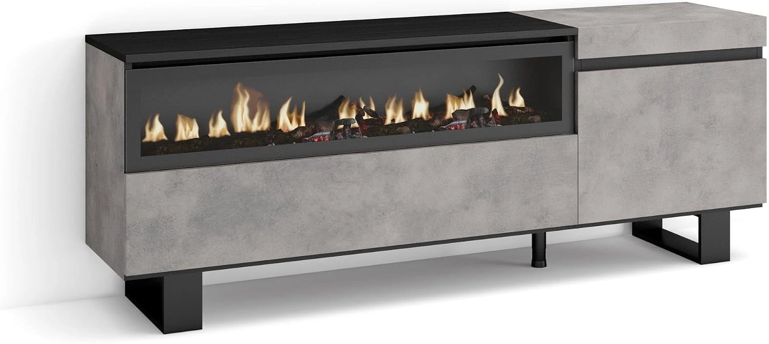 Skraut Home, 150x57x35 cm, pour Les TV jusqu'à 65', Meuble TV, Banc Télé, Grand Espace de Rangement, Cheminée électrique, Design Industriel, Ciment
