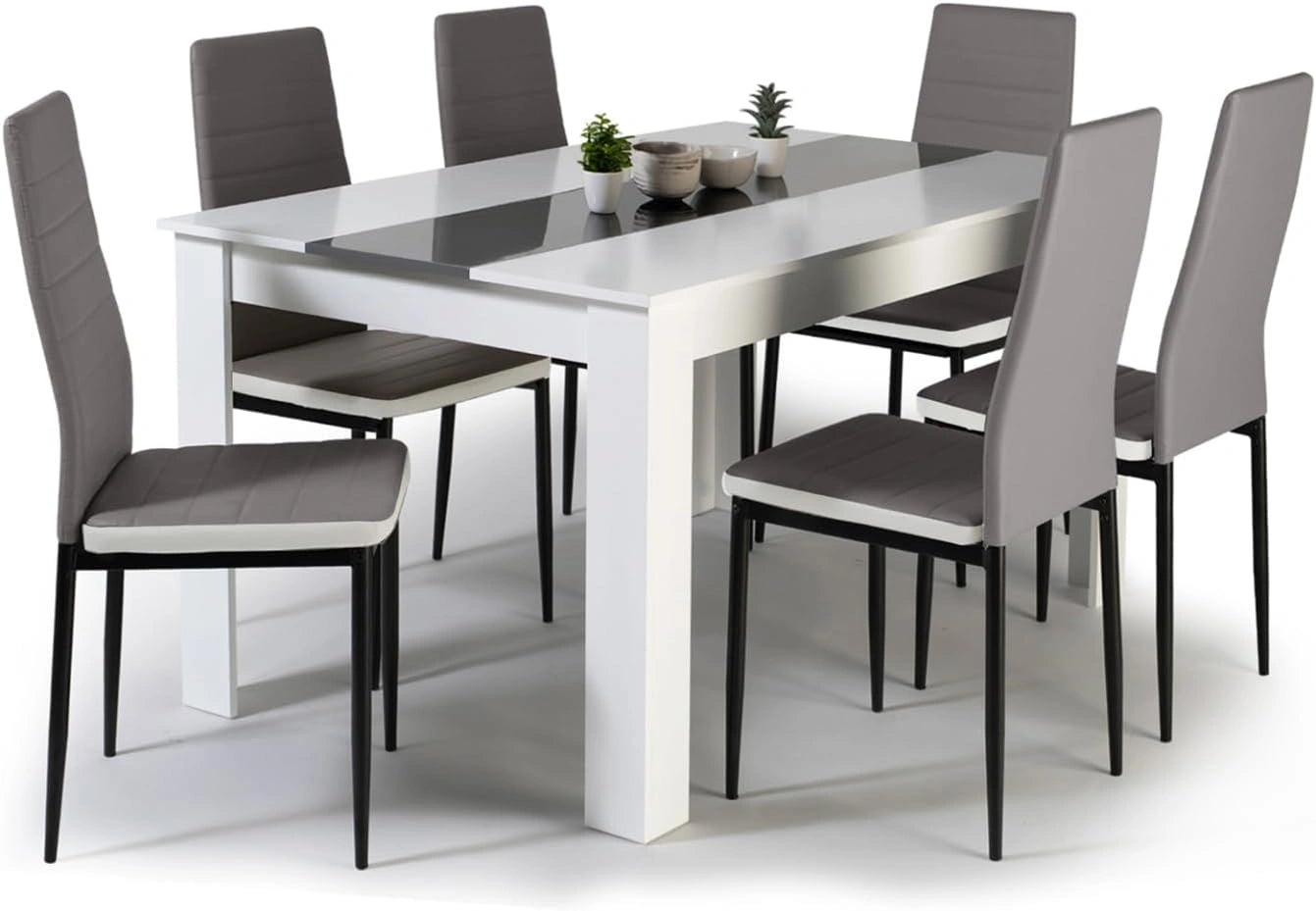 IDMarket - Ensemble Table à Manger Georgia 140 cm et 6 chaises Romane, Avec 6 chaises romane grises liseré blanc, table blanche et grise