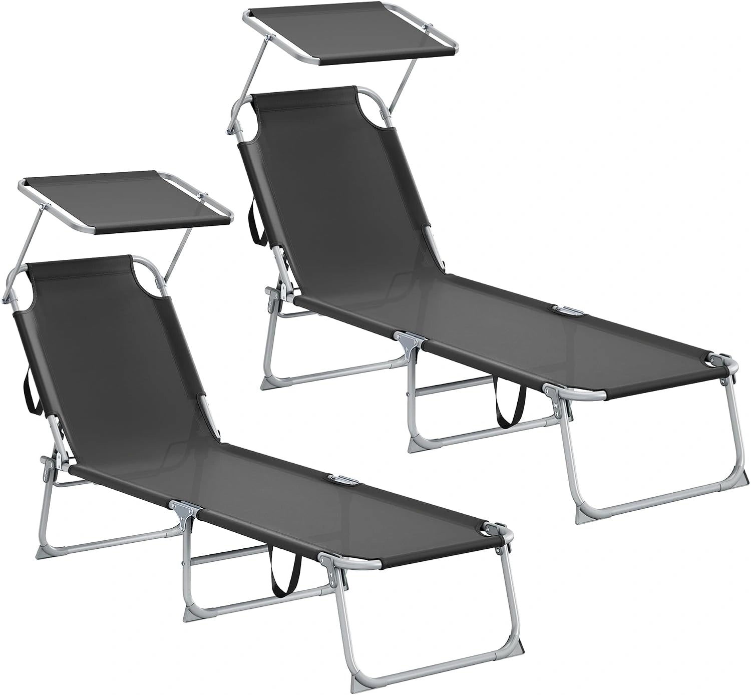 SONGMICS Lot de 2 chaises Longues Pliantes, Noir GCB294BZ02, 189 x 53 x 28,5 cm, Charge 110 kg, avec Pare-Soleil et Dossier réglables