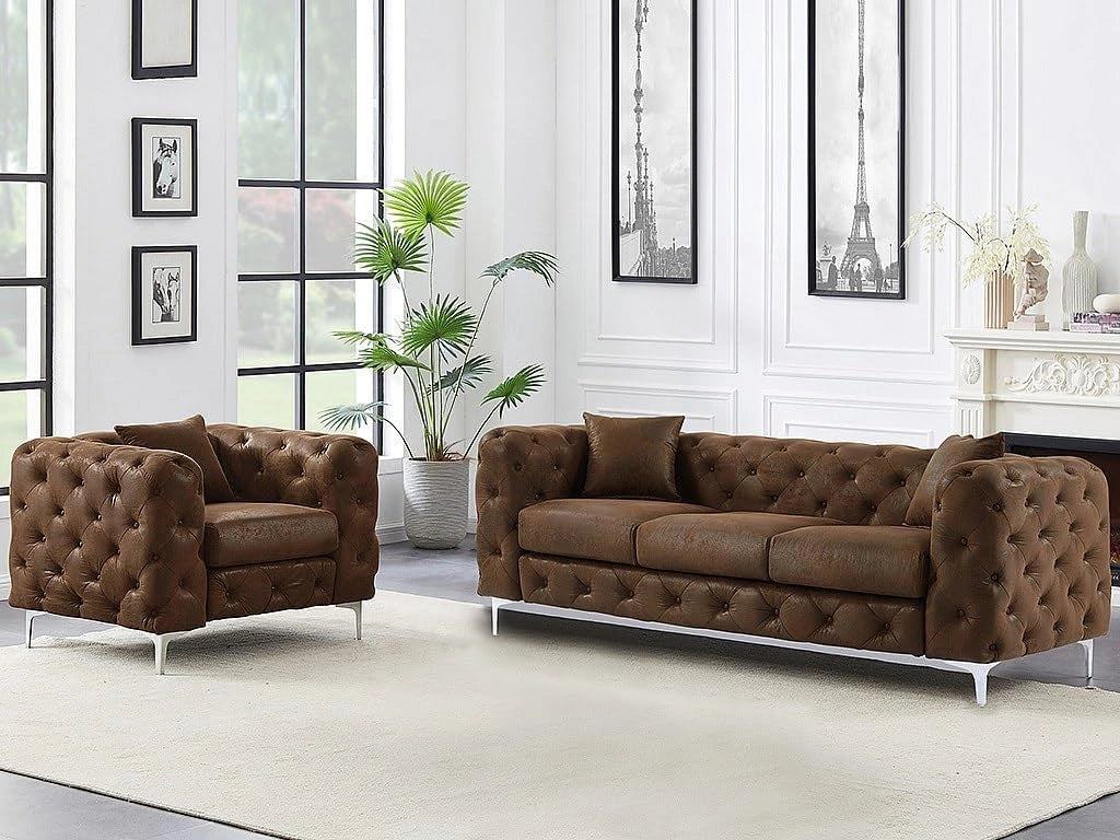 Vente-unique - Canapé 3 Places et Fauteuil Chesterfield en Microfibre Aspect Cuir Vieilli Edwina