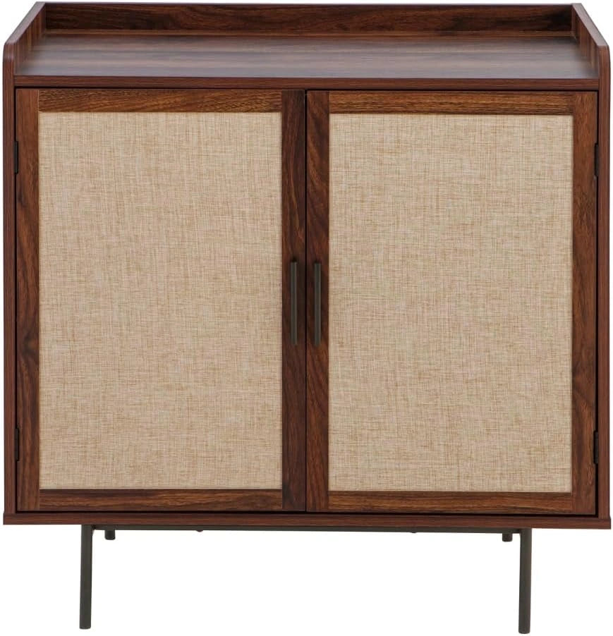 Calicosy, Buffet 2 Portes Décor Noyer avec Façades en Tissu, Collection Jetson - L80 x P39,5 x H79 cm, Meuble de Rangement Salon ou Chambre