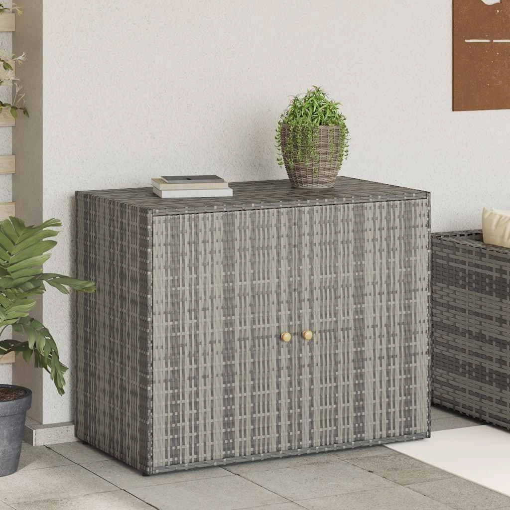 Armoire de jardin en polyrotin gris avec poignées en bois d'acacia - 100 x 55,5 x 80 cm - Cadre en acier revêtu par pulvérisation - Armoire