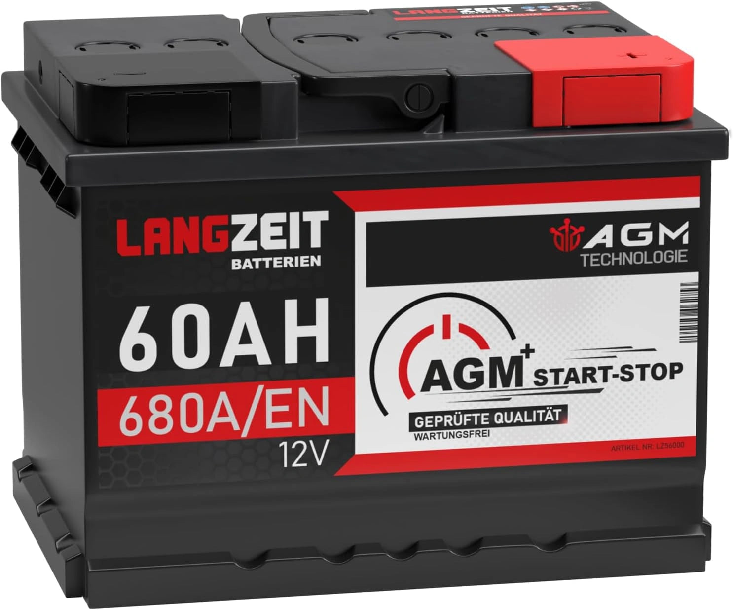 LANGZEIT batterie voiture AGM 60 Ah 12 V start-stop auto VRLA remplace 65 Ah, 190 mm