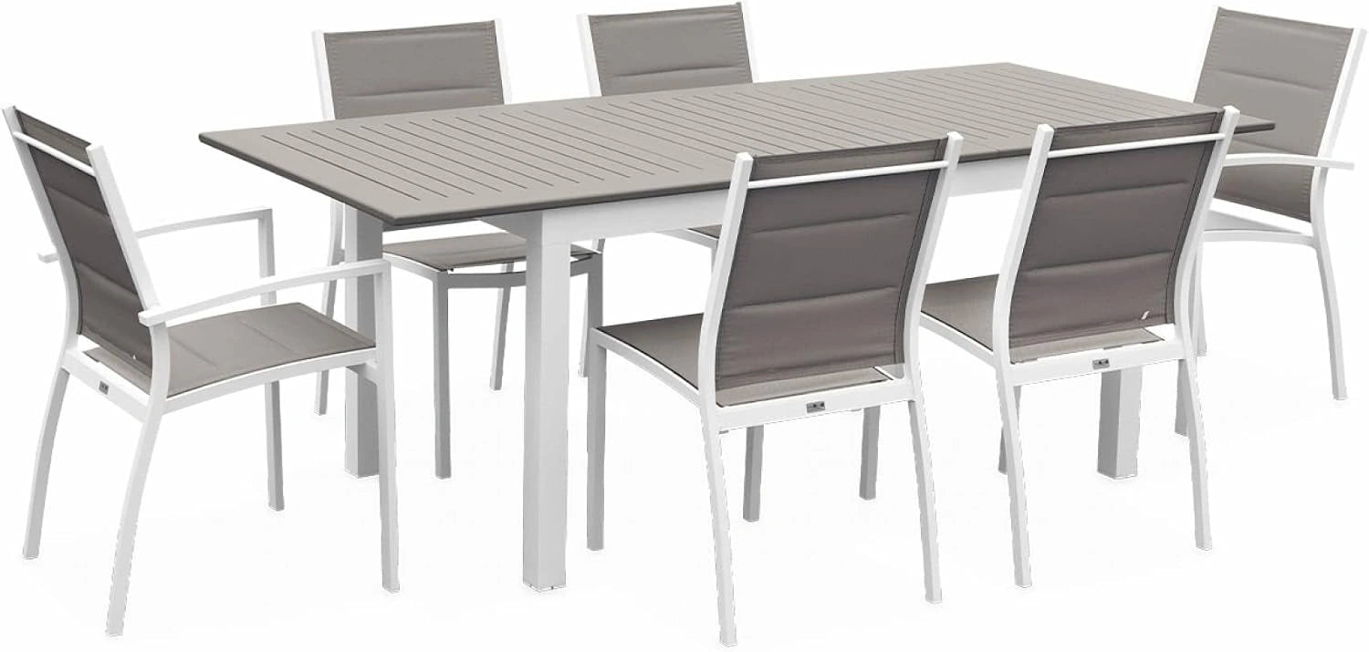 Alice's Garden - Table de Jardin Extensible Aluminium + 6 assises - Chicago 210 Taupe - Table en Aluminium 150/210 cm avec rallonge et 6 assises