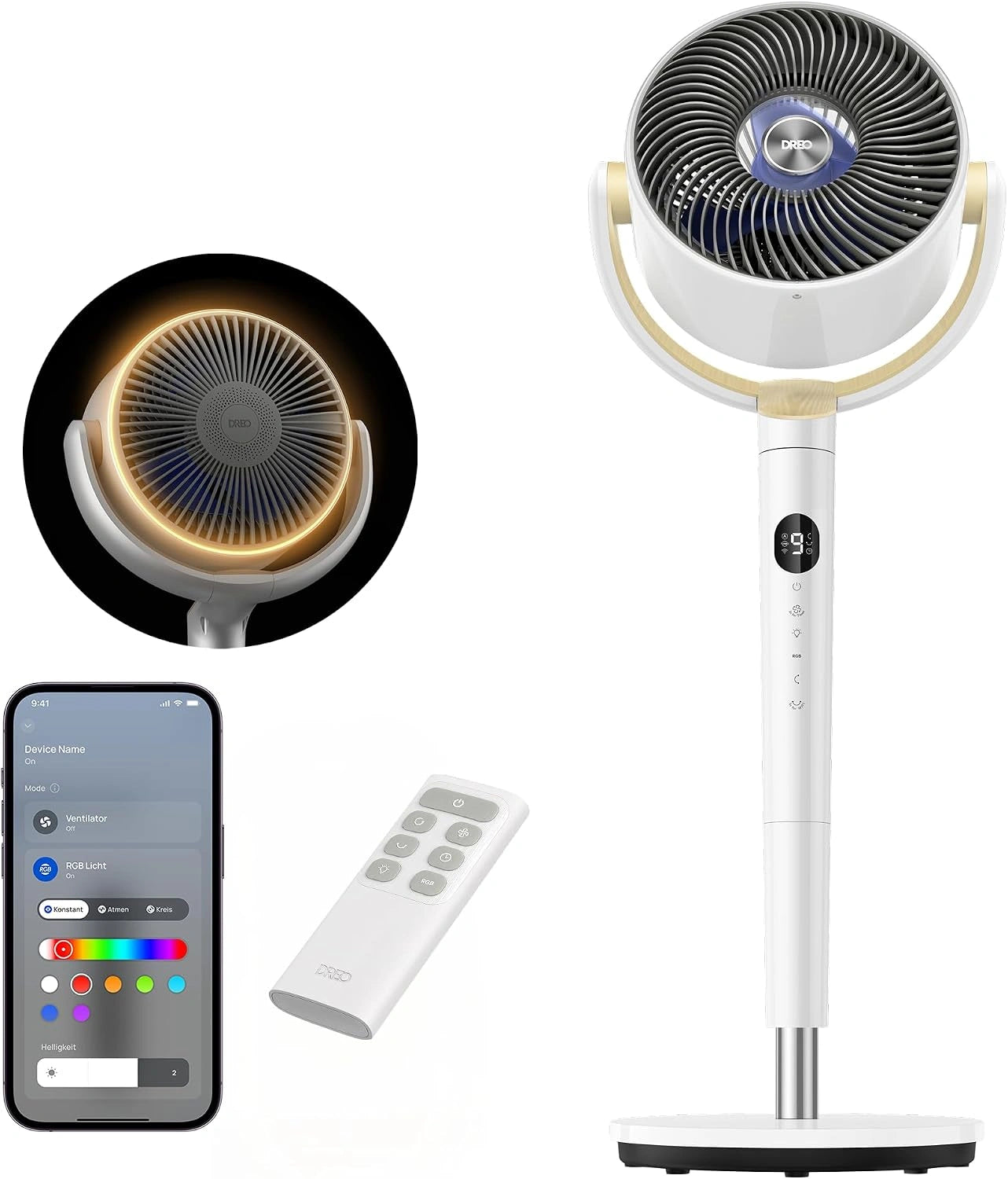DREO 23 dB Intelligent ventilateur sur pied silencieux, 24 m portée, volume d'air 1200 m³/h, 102 cm hauteur, 6 modes, 8 vitesses, turbo circulateur