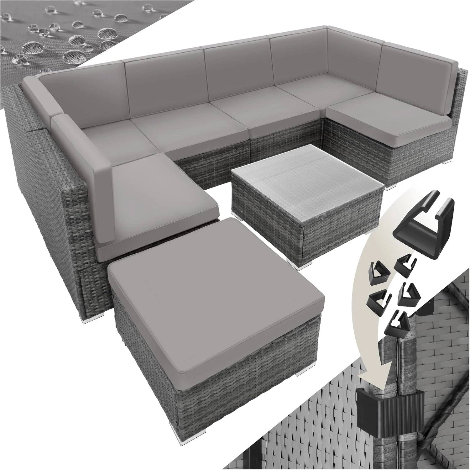 tectake Salon de Jardin en Rotin Salon de Jardin Modulable Confortable, Canapé Ensemble: 6 Fauteuil 1 Tabouret Pouf 1 Table - Gris, Lounge en rotin