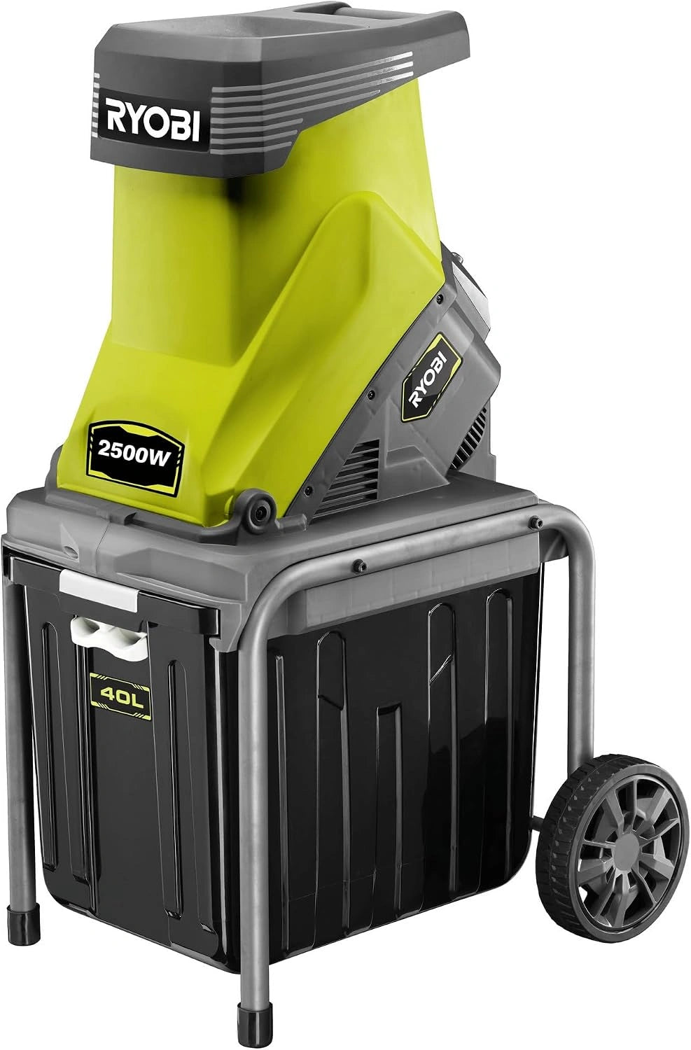 RYOBI - Broyeur de Végétaux RSH2545B, Moteur 2500 W, Bac 40 L, Système à Couteaux, Roues de Transport, Déchets Verts, pour Branches