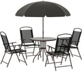 Outsunny Ensemble Salon de Jardin 6 Pcs Table Ronde Parasol Noir, 4 Chaises Pliables Extérieur, Acier Époxy Café, Textilène, Polyester