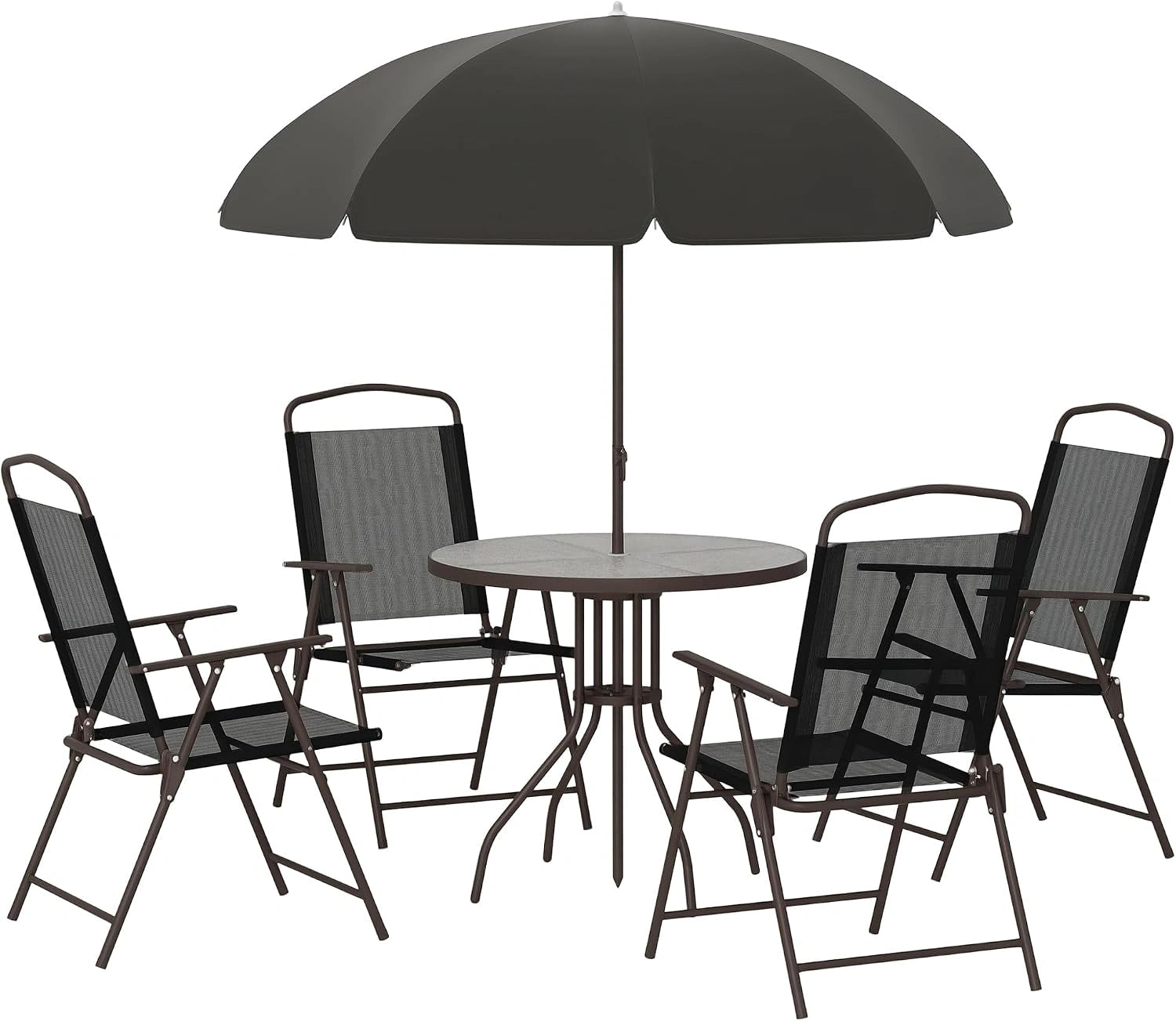 Outsunny Ensemble Salon de Jardin 6 Pcs Table Ronde Parasol Noir, 4 Chaises Pliables Extérieur, Acier Époxy Café, Textilène, Polyester