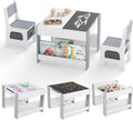 GOPLUS Table Enfant avec 2 Chaises, 2 Étagères et 2 Bacs en Tissu (Gris), Table d'Activités pour 3-6 Ans avec Tableau Noir Double Face Amovible