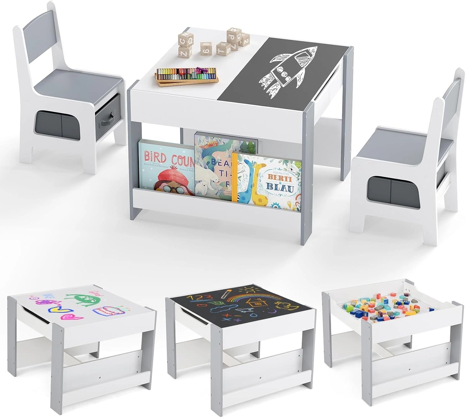 GOPLUS Table Enfant avec 2 Chaises, 2 Étagères et 2 Bacs en Tissu (Gris), Table d'Activités pour 3-6 Ans avec Tableau Noir Double Face Amovible