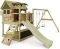 Fatmoose Aire de Jeux Portique d'escalade TikaTaka Town XXL avec balançoire et Toboggan Vert Sauge