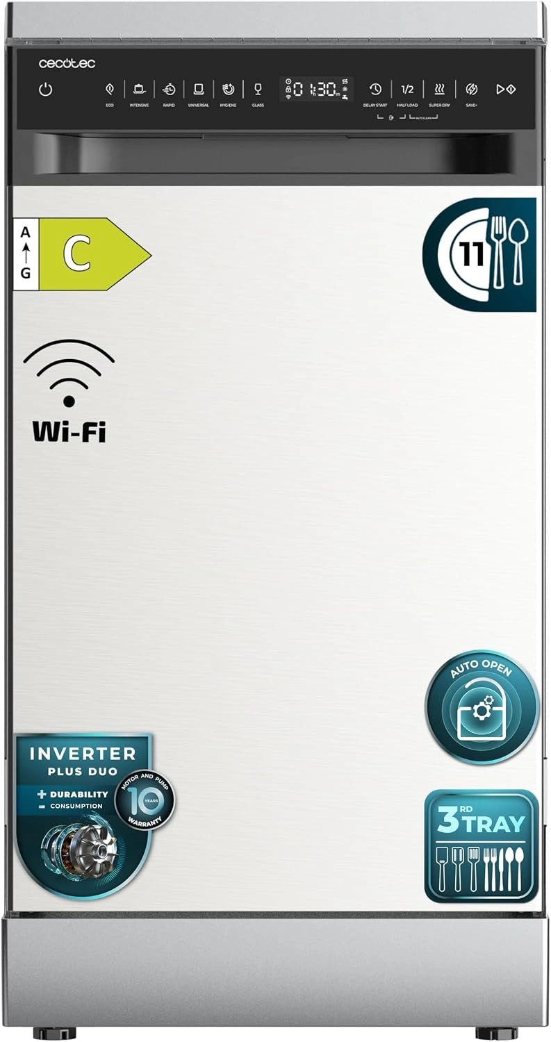 Cecotec Lave-vaisselle Pose Libre 45 cm Bolero Aguazero 4560 Inox Connected. 11 Couverts, Classe C, 9 Programmes, O2Dry, Moteur Inverter Plus Duo