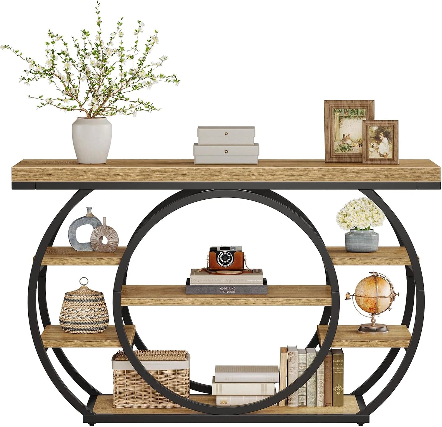 Tribesigns Table Console avec Base Circulaire étroite 120 x 30 x 80 cm Étagère de Rangement à 4 étages Ferme Industrielle Couloir Table Basse