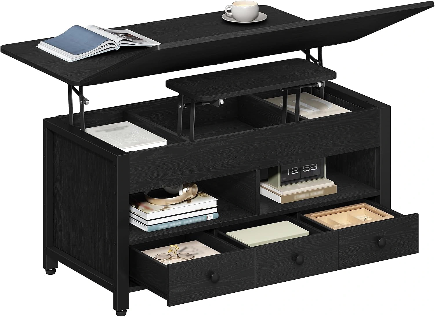 Hzuaneri Table Basse, Noir, avec 3 Tiroirs et Rangement et Compartiment Caché, 50 × 100 × 45 cm, Table de Salon Relevable, pour Salon, Bureau