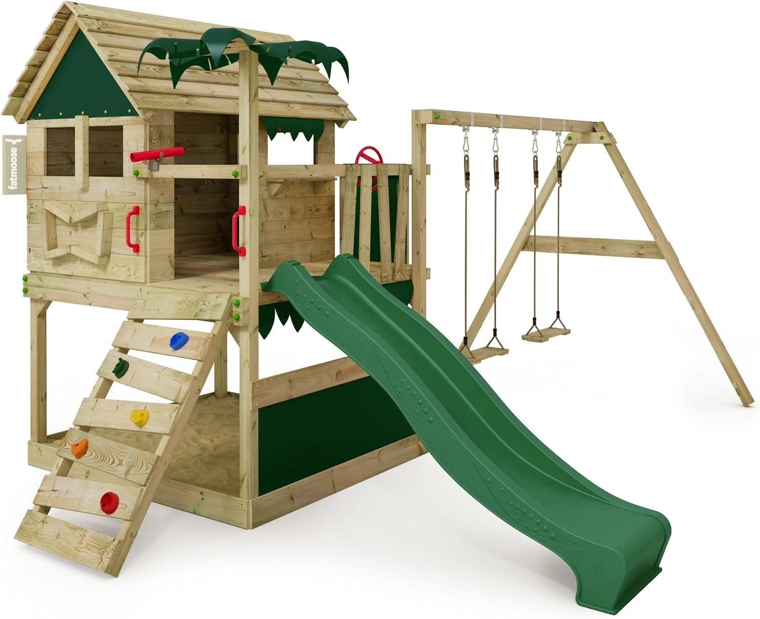 Fatmoose Aire de Jeux Portique d'escalade TikaTaka Town XXL avec balançoire et Toboggan Vert, accessoires de jeu pour le jardin