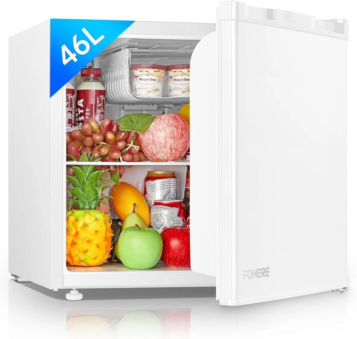 FOHERE Mini Frigo 46 L, Mini Réfrigérateur Monoporte, Thermostat Réglable, Économie d'Énergie, Petit Frigo Top avec une Porte Réversible, Silencieux
