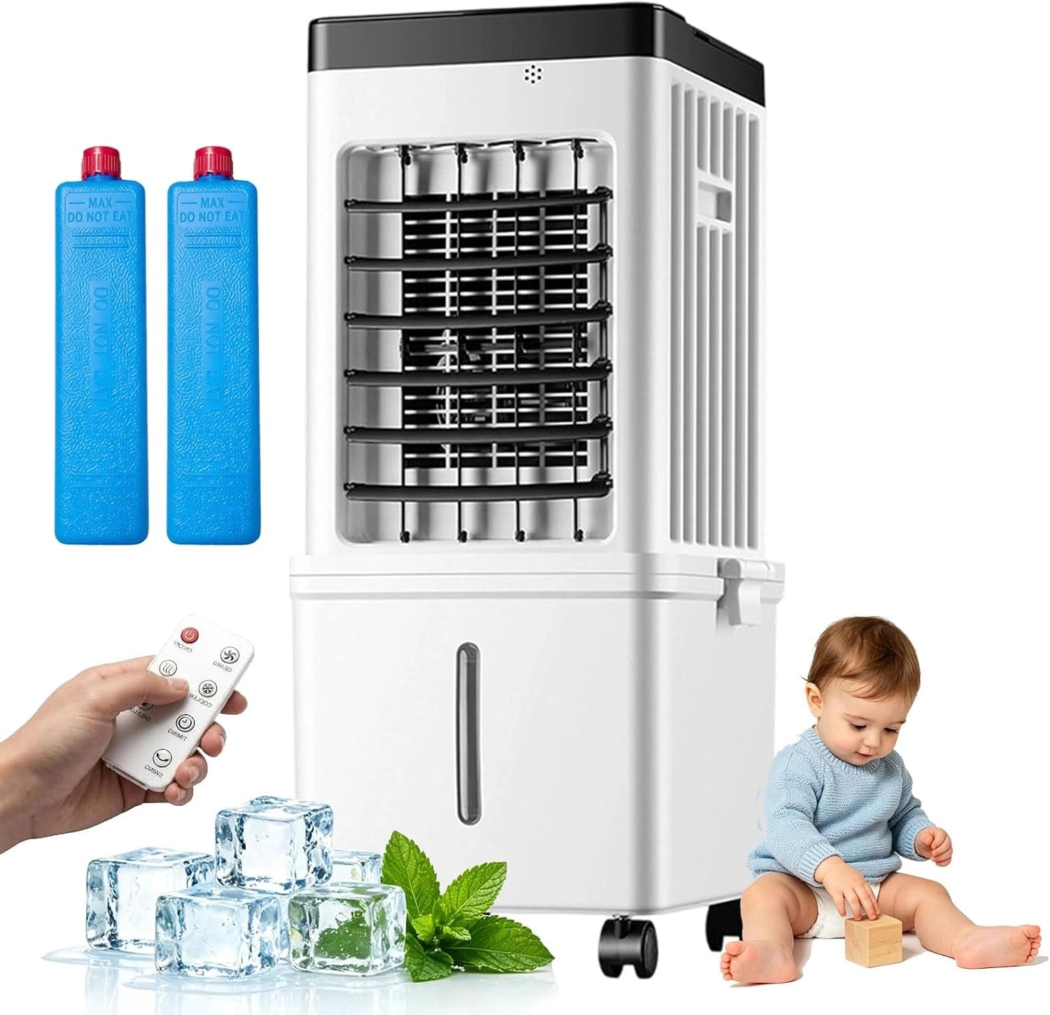 Rafraîchisseur d'Air Évaporatif 4 en 1, Réservoir 15 L, 3 Vitesses, 3 Modes, Oscillation 120°, Minuterie 7,5 h, Télécommande