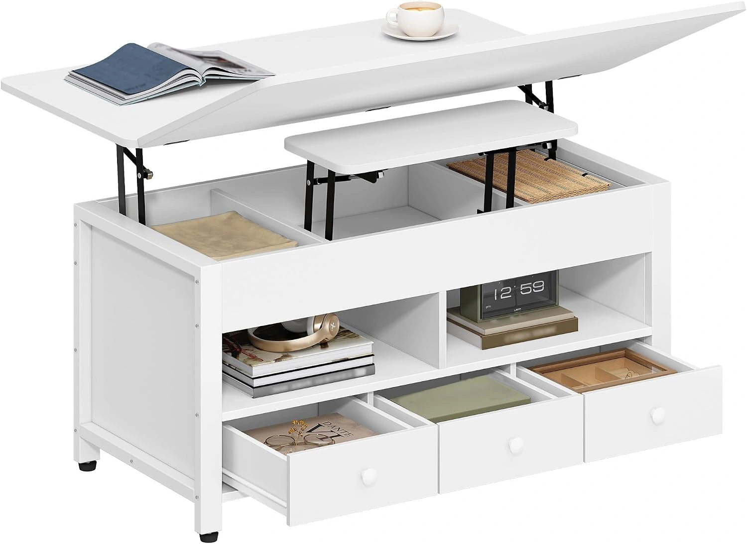Hzuaneri Table Basse, Blanc, avec 3 Tiroirs et Rangement et Compartiment Caché, 50 × 100 × 45 cm, Table de Salon Relevable, pour Salon, Bureau
