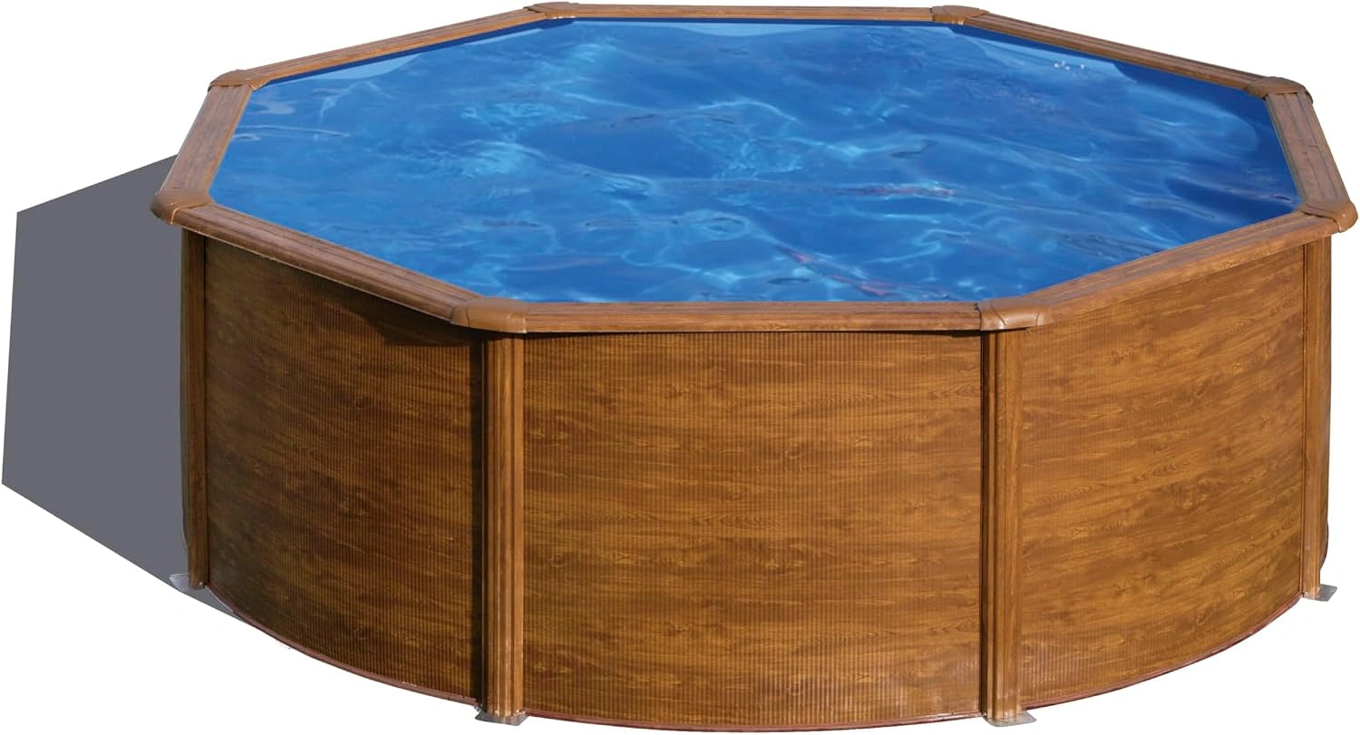 Gre KITPR353 W Sicilia - Piscine Hors-Sol en Acier, Ø350 x 120 cm, Piscine Ronde avec Structure en Acier Imitation Bois. Piscines Hors-Sol pour Jardin