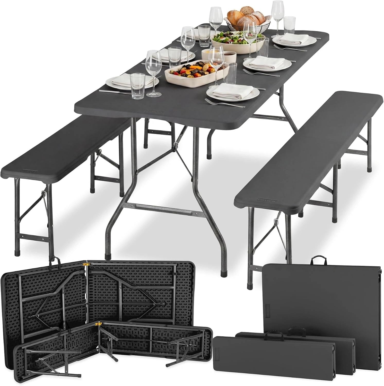 tectake Ensemble de Brasserie 3 pièces Pliable, gris anthracite, Jusqu'à 8 personnes, résistant aux intempéries, verrouillage sécurité intégré