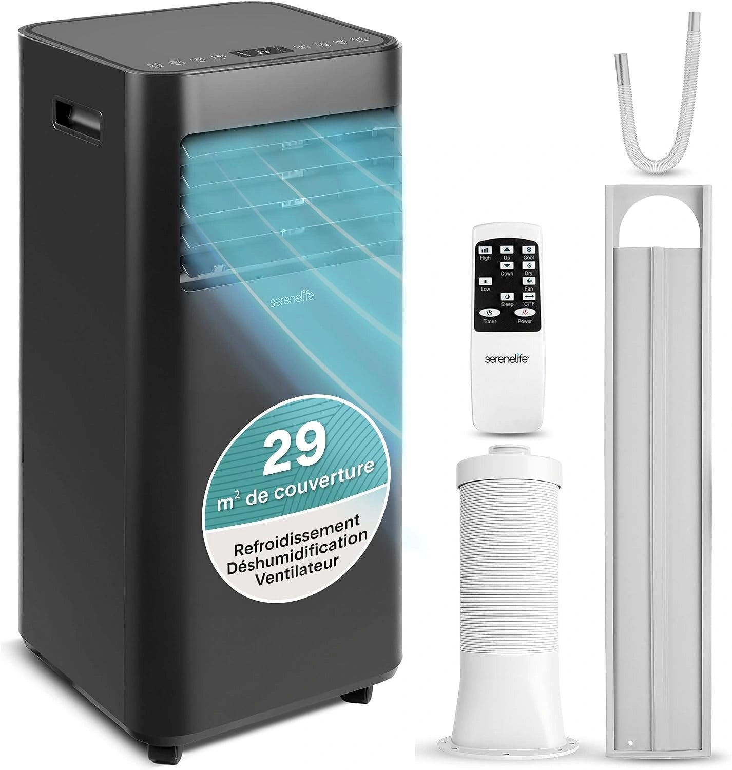 SereneLife Climatiseur Mobile Noir 7000 BTU (2,0 kW), 3 en 1 avec Déshumidificateur et Ventilateur, 54 dB, pour 28 m², Kit Fenêtre et Télécommande