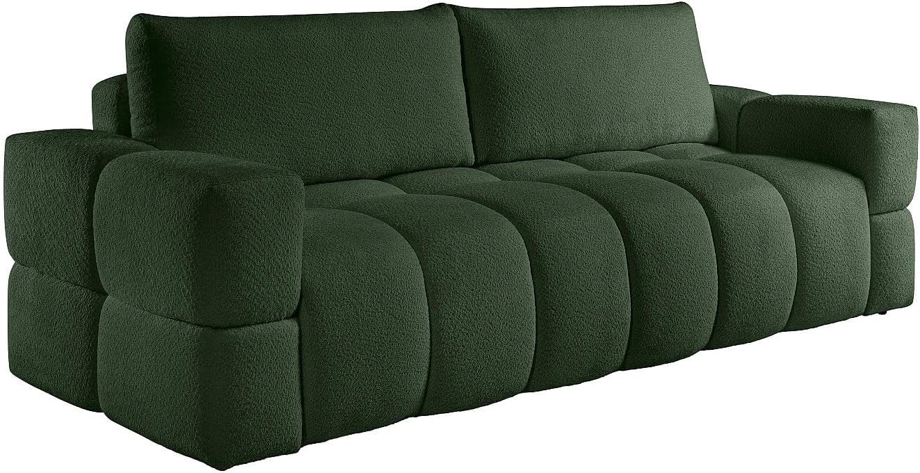 Vente-unique - Canapé 3 Places Convertible en Tissu Bouclette Vert ISSORO II, 48 cm, 63 cm