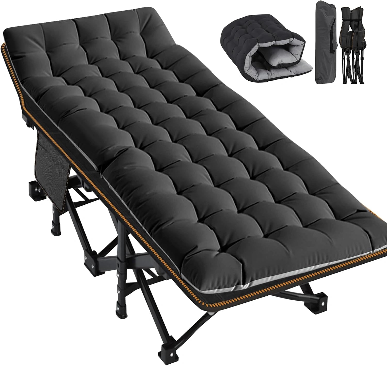 Lit pliant extra-large avec matelas, le jardin et les voyages (XXL Noir), cadre en acier robuste de 400 kg et tissu Oxford, 198x81x46 cm