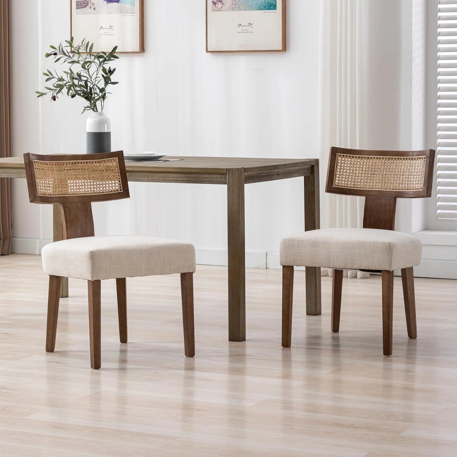 chairus 2PCS Chaises Salle à Manger, Beige, Chaise Bois, Dossier Rotin, Pieds en Bois, Tissu de Lin, Coussin Rembourré, Sans Accoudoir, Style Rétro