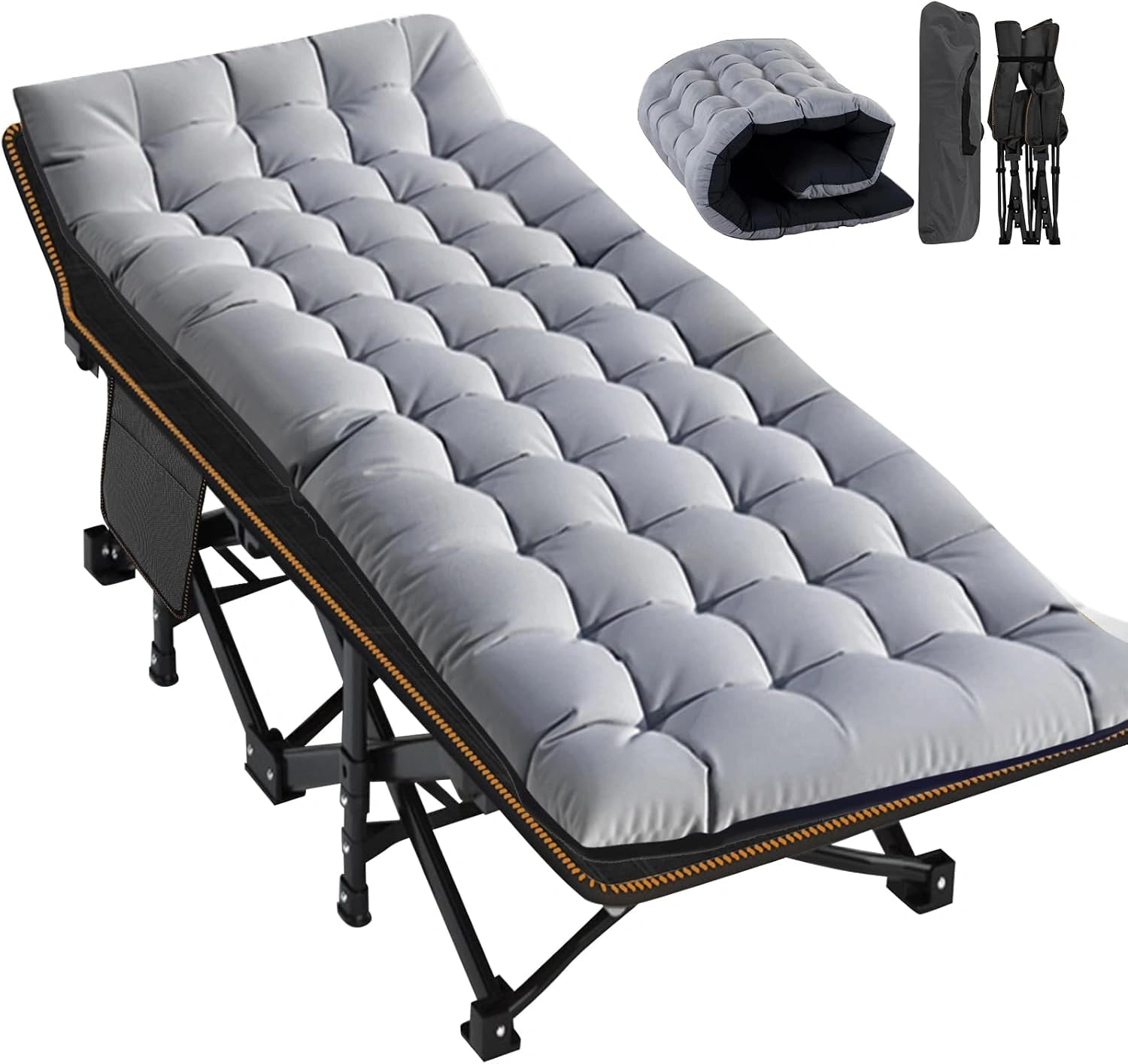 Lit pliant extra-large avec matelas, jardin et voyages (XXL Gris), cadre en acier robuste de 400 kg et tissu Oxford, 198x81x46 cm, idéal pour adultes