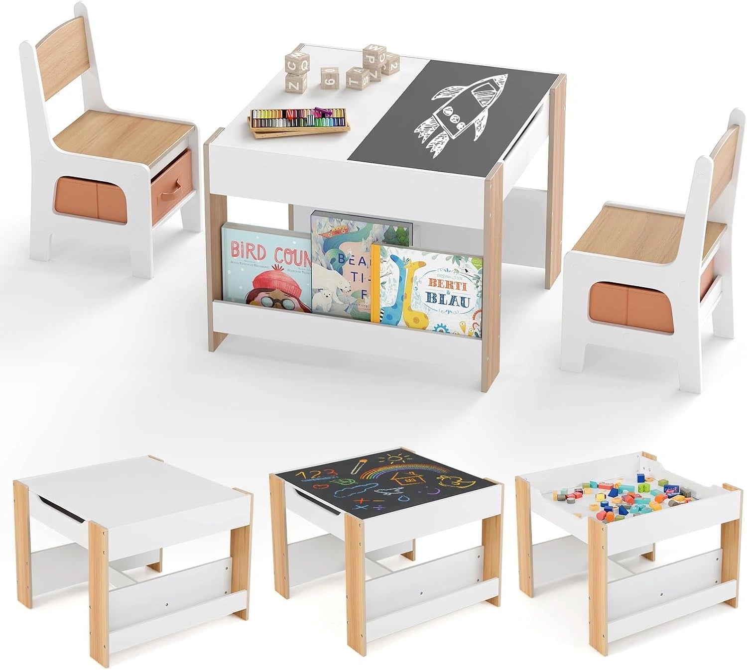 GOPLUS Table Enfant avec 2 Chaises, Table d'Activités pour 3-6 Ans avec Tableau Noir Double Face Amovible, 2 Étagères et 2 Bacs en Tissu (Naturel)