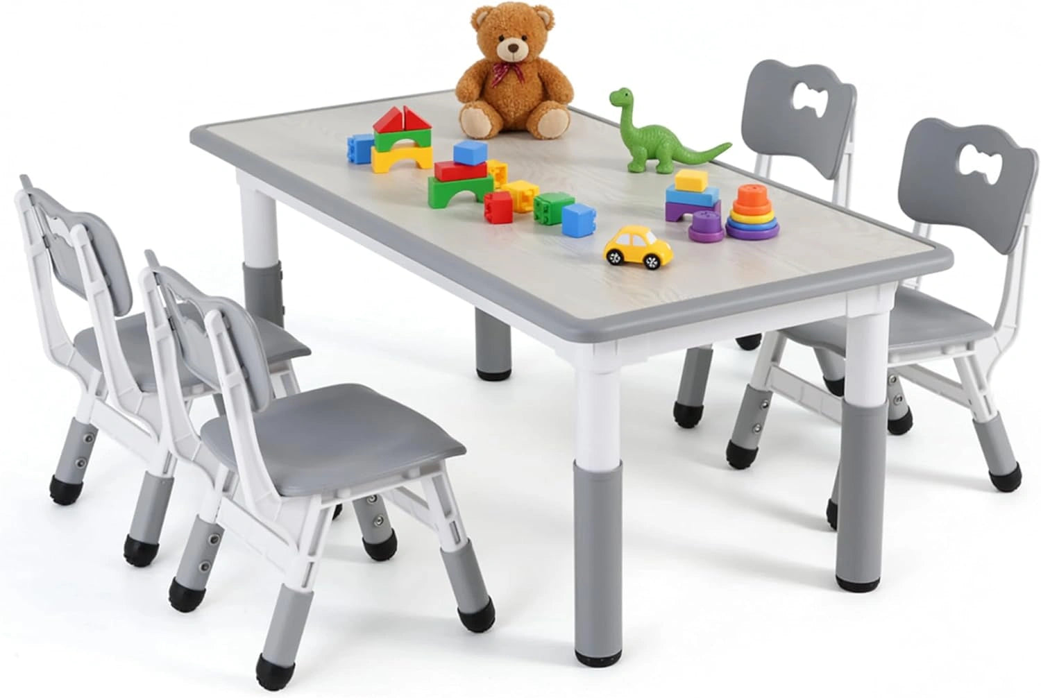 MAMIZO Ensemble Table et Chaises pour Enfant, Gris, Enfant avec 4 Chaises, Partir de 2 Ans, (KT-TC05), Réglable en Hauteur, à Dessin Plastique