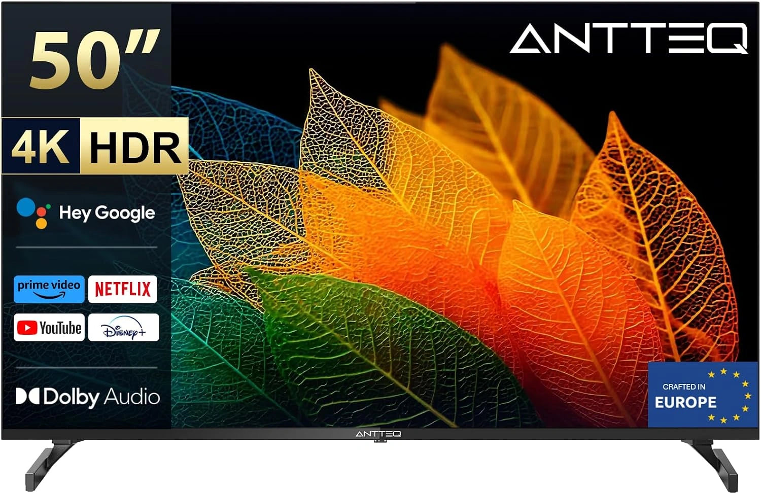Antteq S50 Smart TV 50 Pouces(127 cm), Andriod TV 4K UHD, HDR10, Bluetooth Triple Tuner (DVB-C/S2/-T2), Dolby Audio, Google Assistance, Wi-Fi
