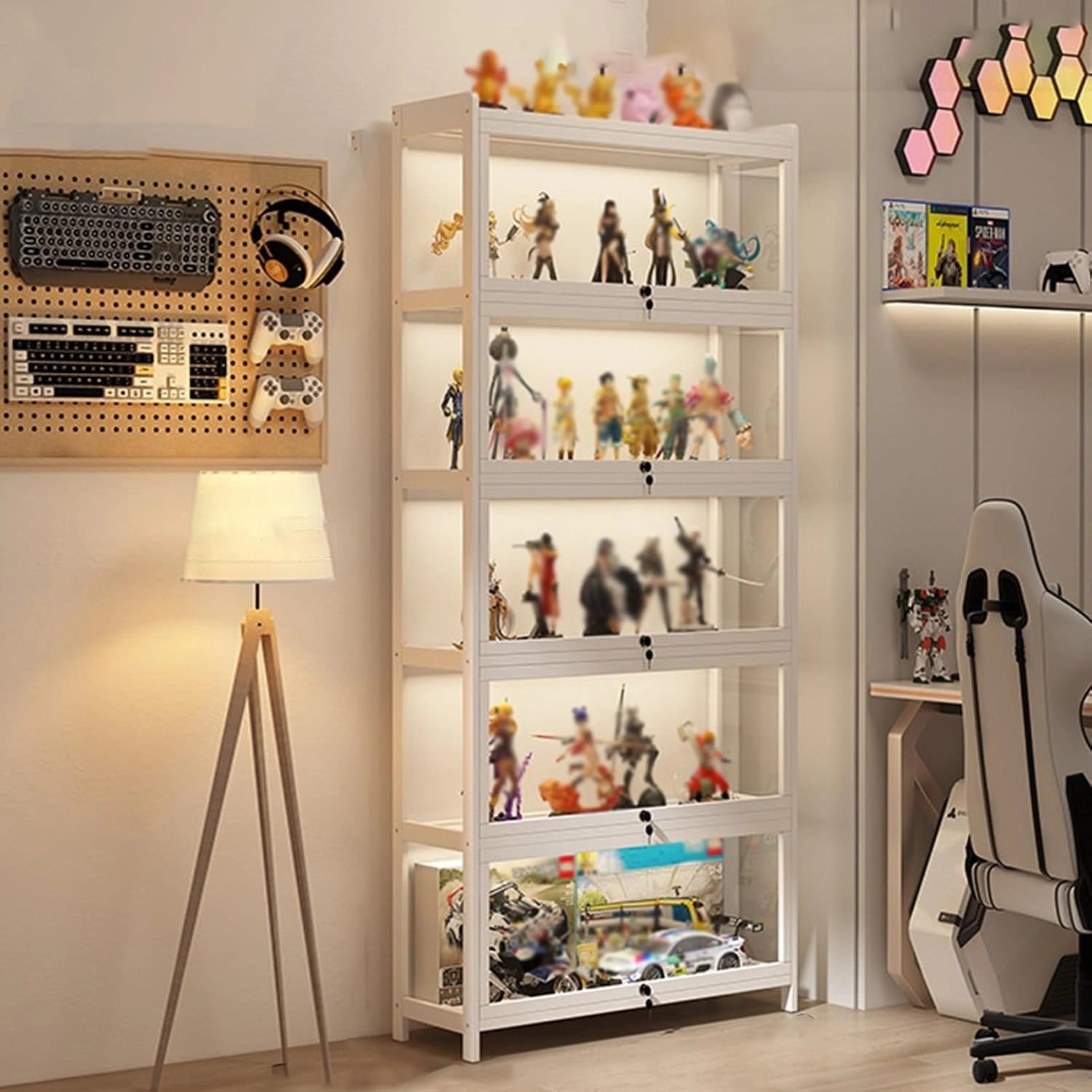 Vitrine de Collection en Acrylique Transparente à Curios, Résistant à la Poussière avec Serrure - Pour Salon et Chambre (Blanc, 3 Étages 50 cm)
