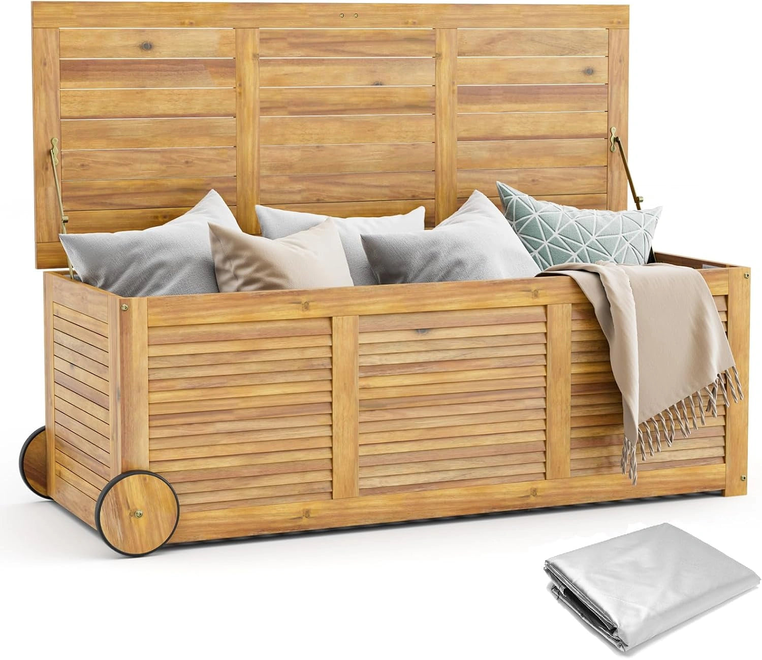 COSTWAY Coffre de Rangement en Bois d'Acacia 182 L à Roulettes, Charge 150KG pour Terrasse Jardin Patio 127 x 50 x 45 cm, Naturel