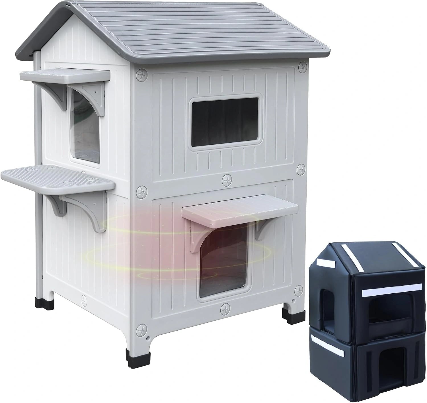 Abri pour chat en plein air à 2 étages avec doublure isolante